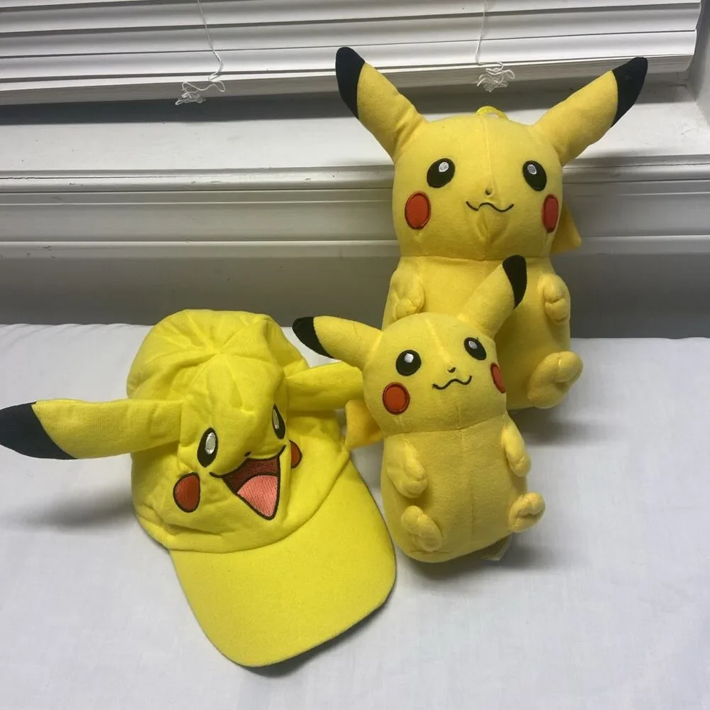 Pokemon Plush Pikachu Lot of 3 with 3 D Cap Yellow